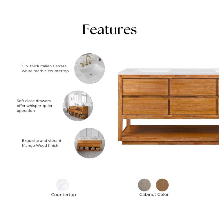 72'' Grey Oak Double Sink Vanity with Carrara Marble Countertop