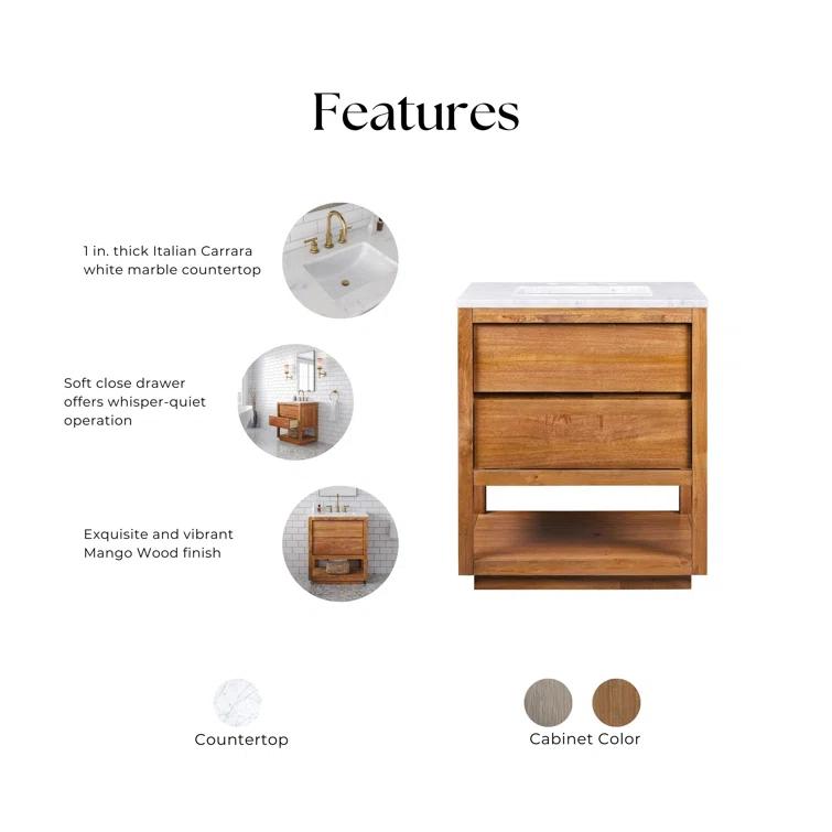 Oakman 30" Mango Wood Single Sink Vanity with Carrara Marble Top