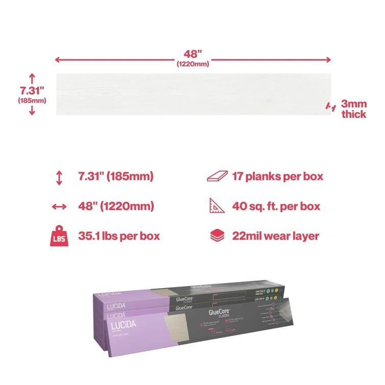 Lucida USA GlueCore Classic 22mil x 7.3" W x 48" L Glue Down Vinyl Tile Flooring