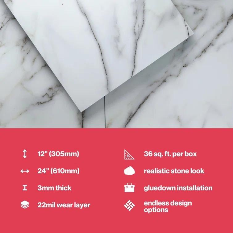 GlueCore Classic 22mil x 12" W x 24" L Glue Down Vinyl Tile Flooring