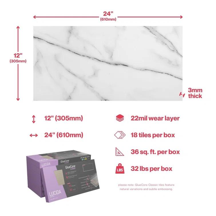 GlueCore Classic 22mil x 12" W x 24" L Glue Down Vinyl Tile Flooring