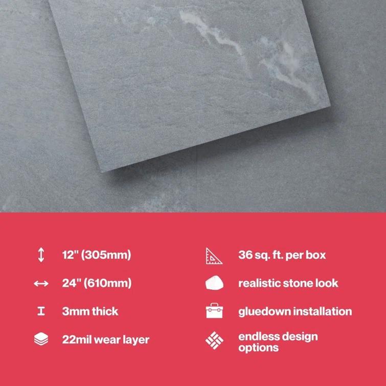 GlueCore Classic 22mil x 12" W x 24" L Glue Down Vinyl Tile Flooring