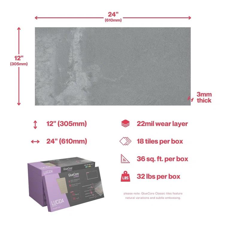 GlueCore Classic 22mil x 12" W x 24" L Glue Down Vinyl Tile Flooring