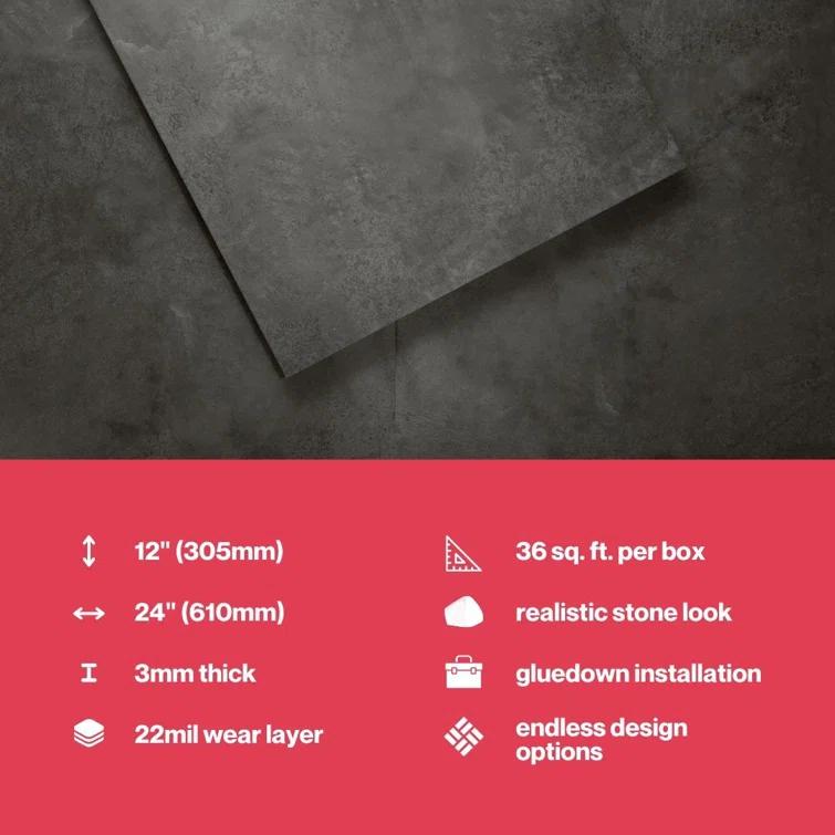 GlueCore Classic 22mil x 12" W x 24" L Glue Down Vinyl Tile Flooring