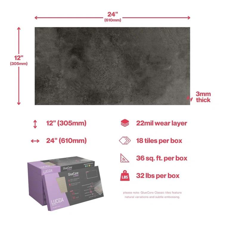 GlueCore Classic 22mil x 12" W x 24" L Glue Down Vinyl Tile Flooring