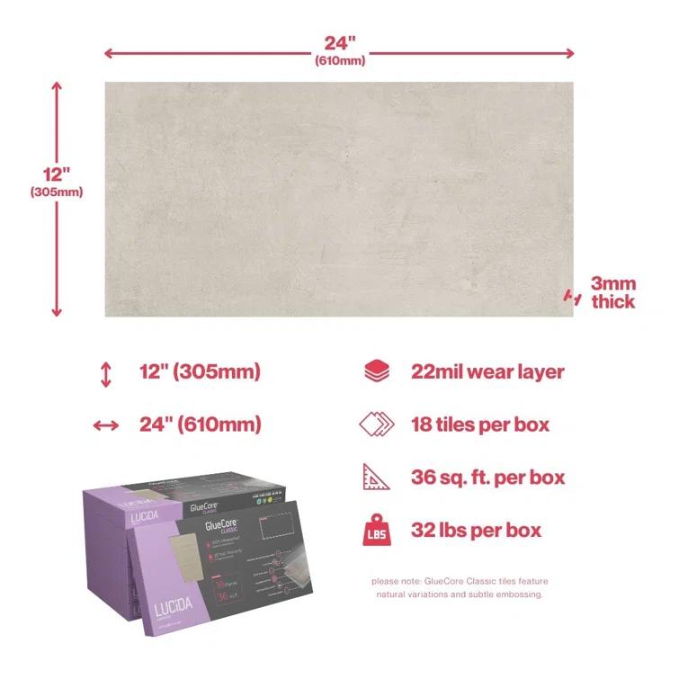 GlueCore Classic 22mil x 12" W x 24" L Glue Down Vinyl Tile Flooring