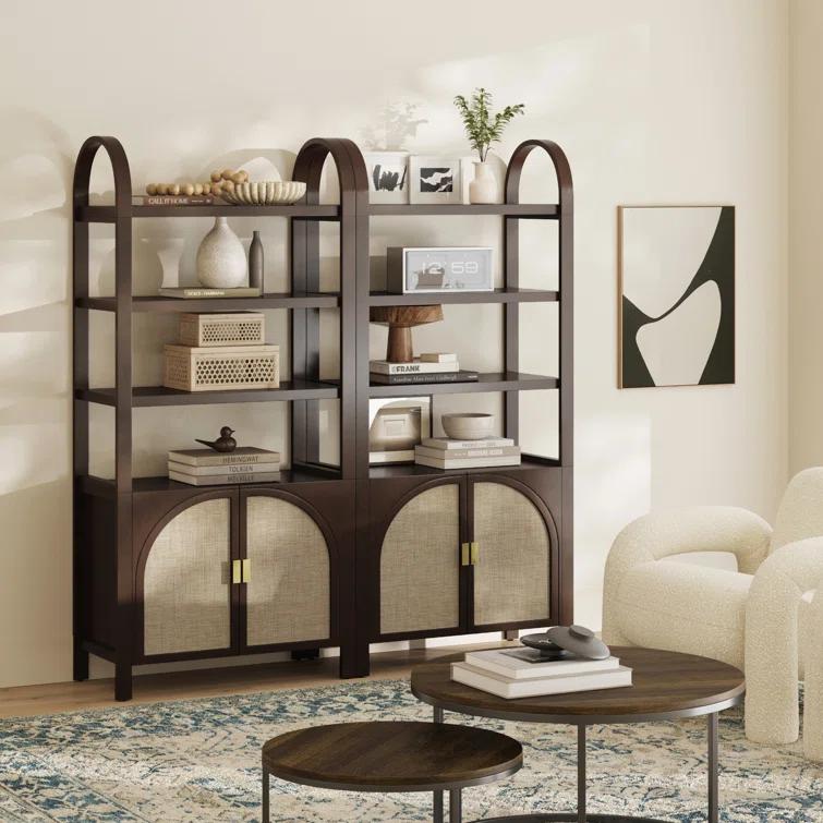 Boho 3-Shelf Bookshelf Cabinet With Rattan Doors