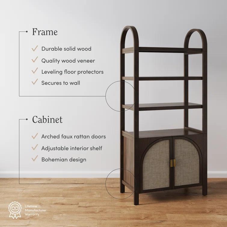 Boho 3-Shelf Bookshelf Cabinet With Rattan Doors