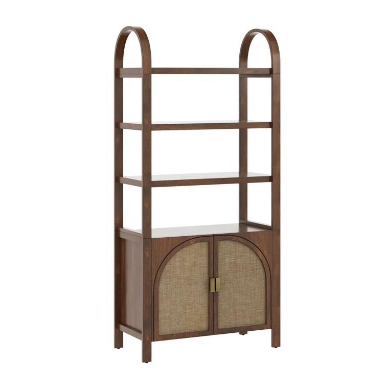 Boho 3-Shelf Bookshelf Cabinet With Rattan Doors
