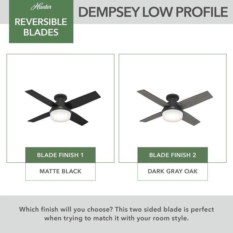 Dempsey Low Profile 44" 4 - Blade Indoor Flush Mount Small Room Ceiling Fan with Lights and Remote