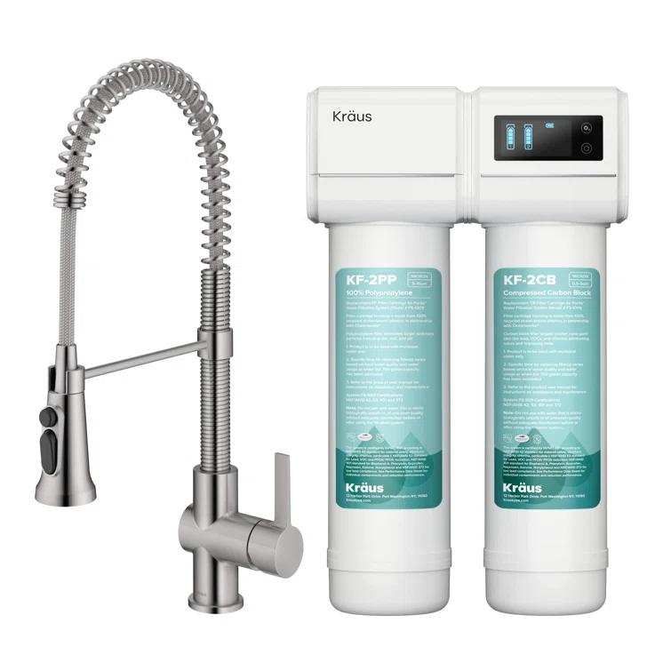 KRAUS Britt 2-In-1 Commercial Style Pull-Down Single Handle Water Filter Kitchen Faucet In Spot-Free With Purita 2-Stage Under-Sink Filtration System