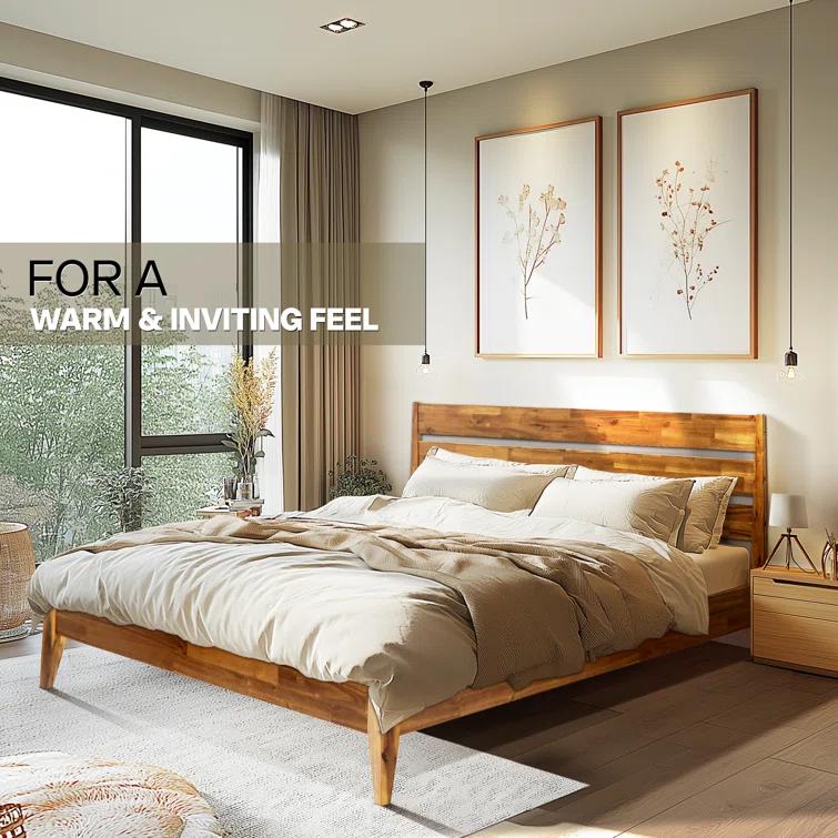 Acacia Premium Emery Solid Wood Platform Bed Frame with Headboard, Bed Frame Noise-Free, No Box Spring Needed