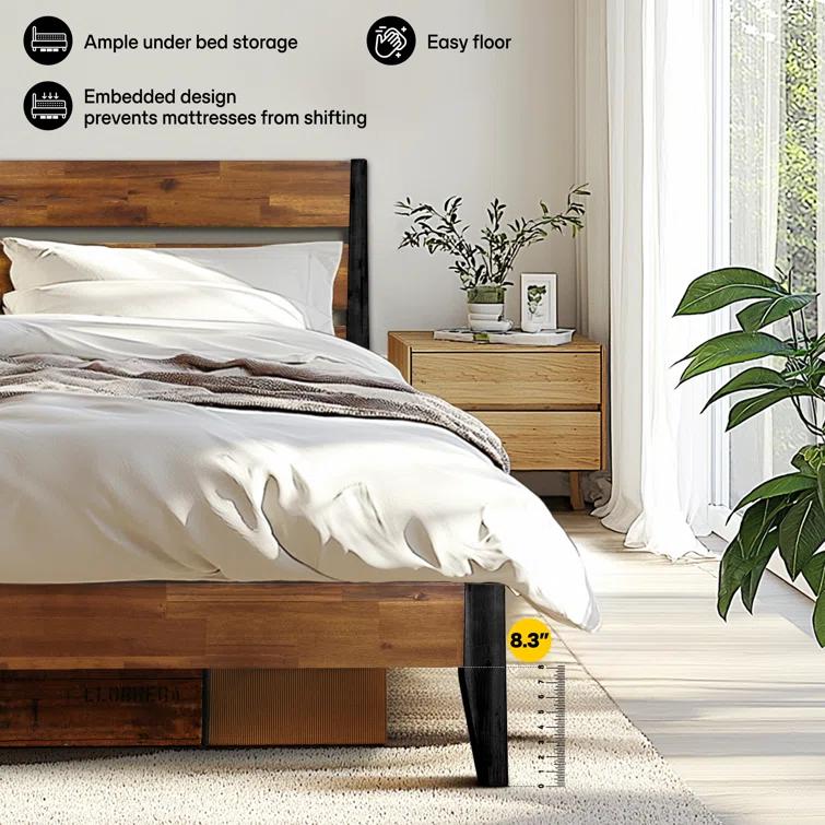 Acacia Premium Emery Solid Wood Platform Bed Frame with Headboard Included, No Box Spring Needed, Weight Capacity 800lb.