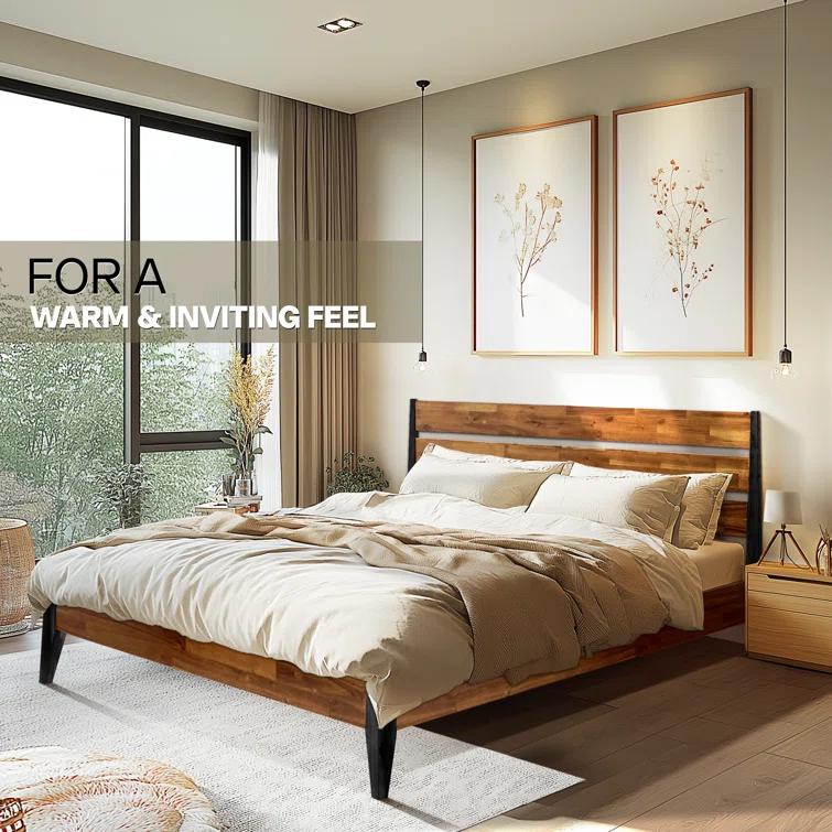Acacia Premium Emery Solid Wood Platform Bed Frame with Headboard Included, No Box Spring Needed, Weight Capacity 800lb.