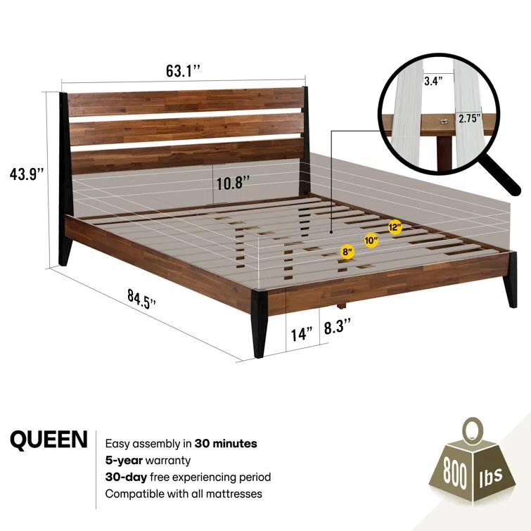 Acacia Premium Emery Solid Wood Platform Bed Frame with Headboard Included, No Box Spring Needed, Weight Capacity 800lb.