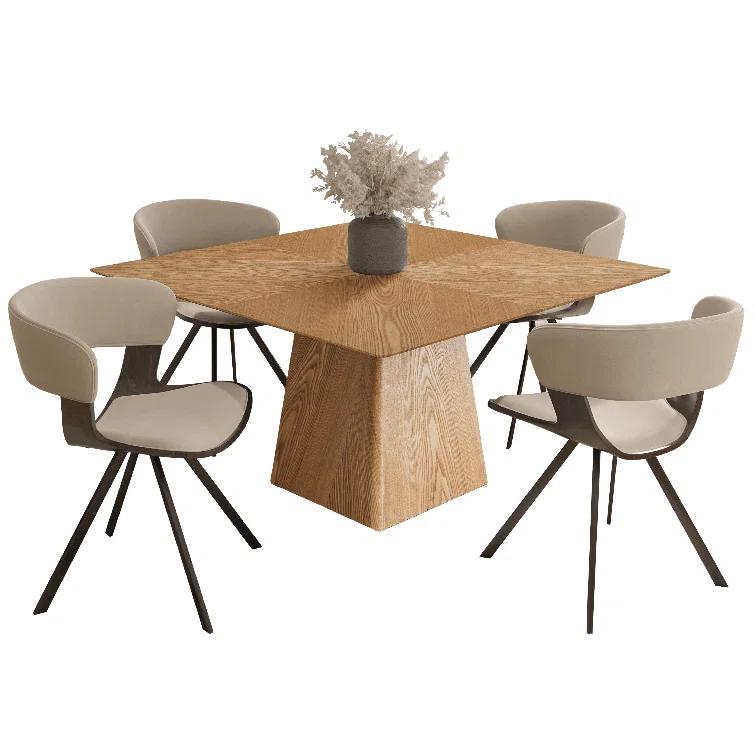 5-Piece Dining Set With Square Wooden Table In Natural Wood And 4 Upholstered Dining Chairs