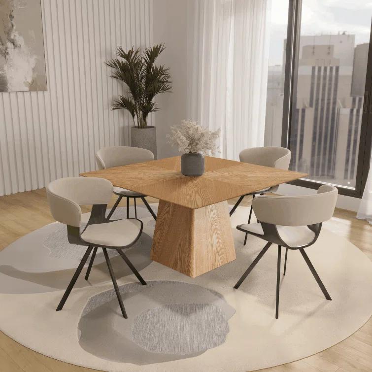 5-Piece Dining Set With Square Wooden Table In Natural Wood And 4 Upholstered Dining Chairs