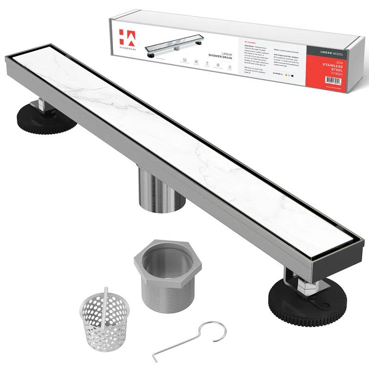 24" Linear Tile-in Shower Drain with Hair Strainer & Lifting Hook-Modern Stainless Steel Drain for Bathroom Showers