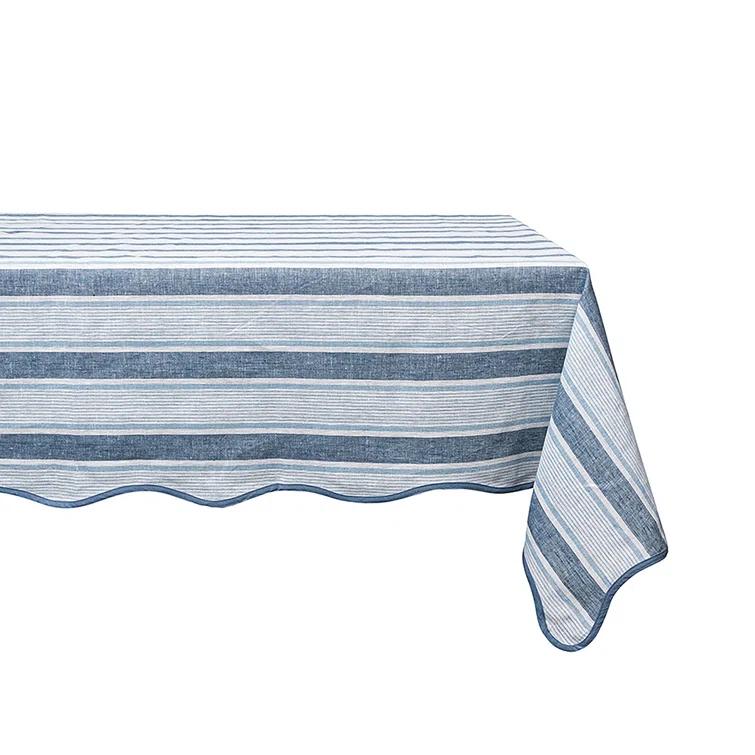 Ocean Blue and White Scalloped Linen Rectangle Tablecloth
