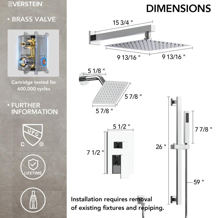 EVERSTEIN DualJetSpa 10-Inch High-Pressure Rainfall Shower Faucet with Handheld Spray, Wall Mount Dual Showerheads System with Slide Bar and Rough-in Valve SFS-1059-CH10