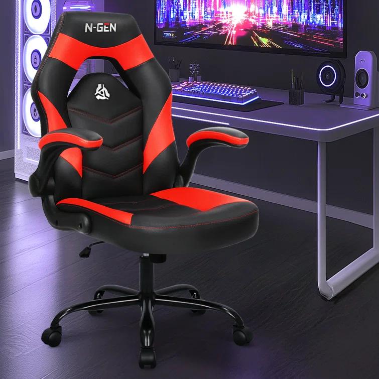 N-GEN Adjustable Ergonomic Faux Leather Swiveling PC & Racing Game Office Desk Chair with Flip-Up Arms