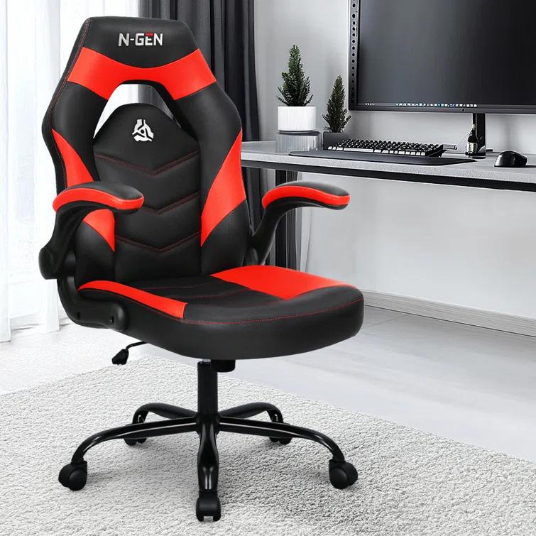 N-GEN Adjustable Ergonomic Faux Leather Swiveling PC & Racing Game Office Desk Chair with Flip-Up Arms