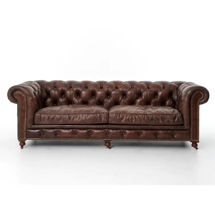 Cigar Brown Genuine Leather Chesterfield Sofa with Nailhead Trim