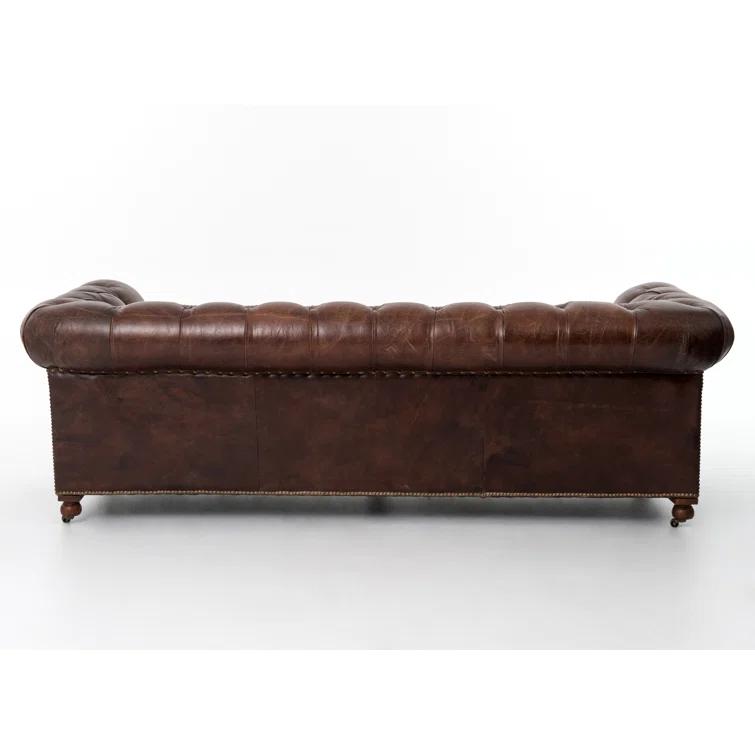 Cigar Brown Genuine Leather Chesterfield Sofa with Nailhead Trim