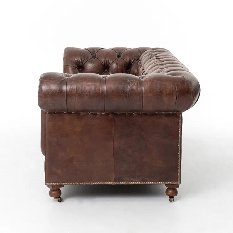 Cigar Brown Genuine Leather Chesterfield Sofa with Nailhead Trim
