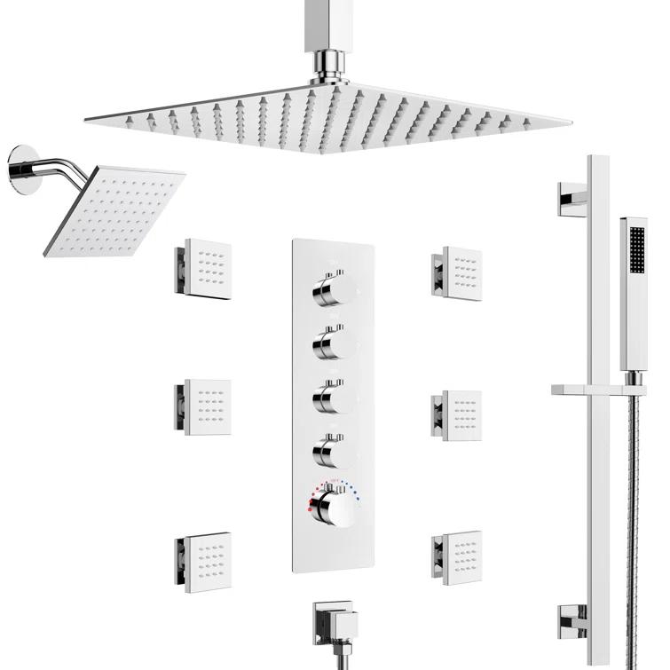DualJetSpa 16-Inch Rainfall Shower System with Handheld Spray, Dual Showerheads, 6 Body Jets, and Thermostatic Valve
