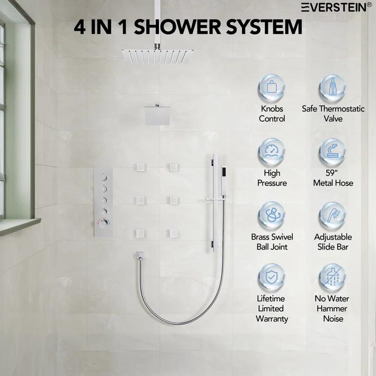 DualJetSpa 16-Inch Rainfall Shower System with Handheld Spray, Dual Showerheads, 6 Body Jets, and Thermostatic Valve
