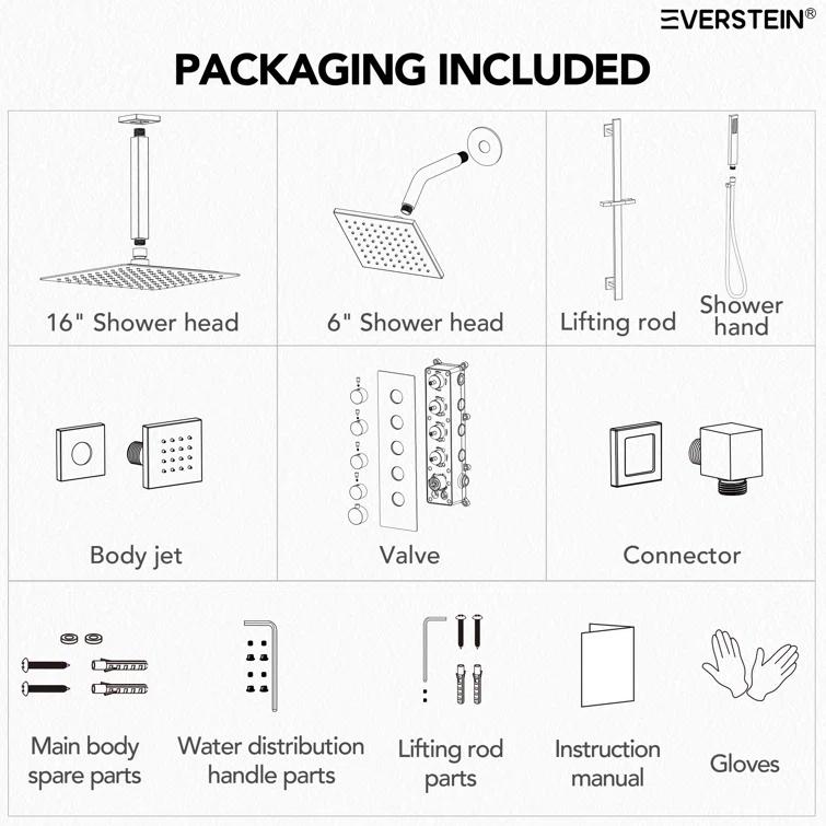 DualJetSpa 16-Inch Rainfall Shower System with Handheld Spray, Dual Showerheads, 6 Body Jets, and Thermostatic Valve