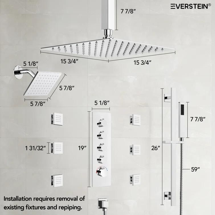 DualJetSpa 16-Inch Rainfall Shower System with Handheld Spray, Dual Showerheads, 6 Body Jets, and Thermostatic Valve