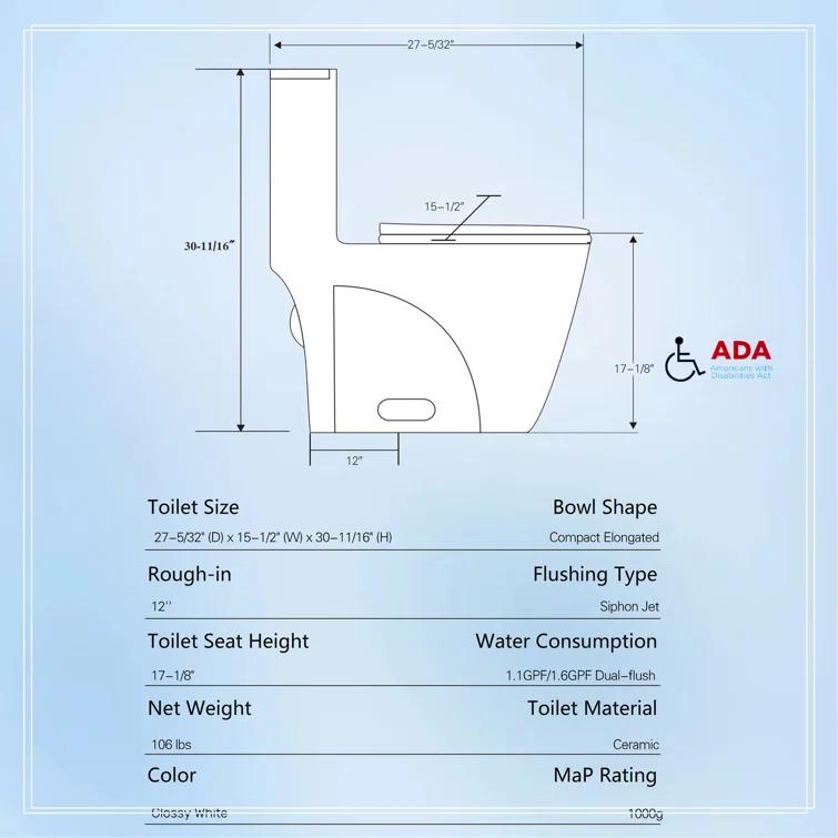 One-Piece Toilet, 1.1/1.60 GPF Water-Efficient Dual-Flush Elongated Comfort Height Floor Mounted, Standard-Size Toilet With Soft Closing Seat Included