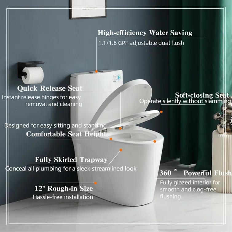 One-Piece Toilet, 1.1/1.60 GPF Water-Efficient Dual-Flush Elongated Comfort Height Floor Mounted, Standard-Size Toilet With Soft Closing Seat Included