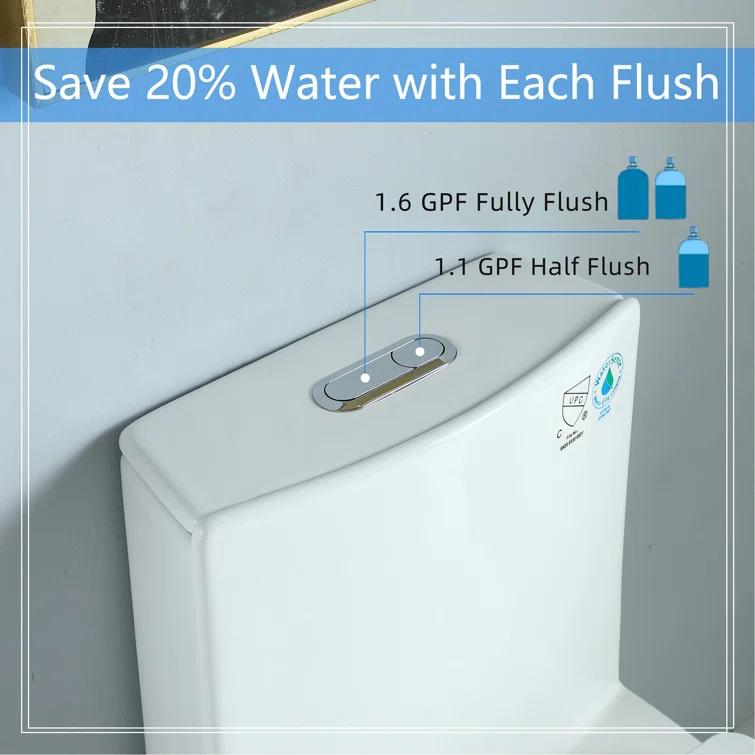 One-Piece Toilet, 1.1/1.60 GPF Water-Efficient Dual-Flush Elongated Comfort Height Floor Mounted, Standard-Size Toilet With Soft Closing Seat Included
