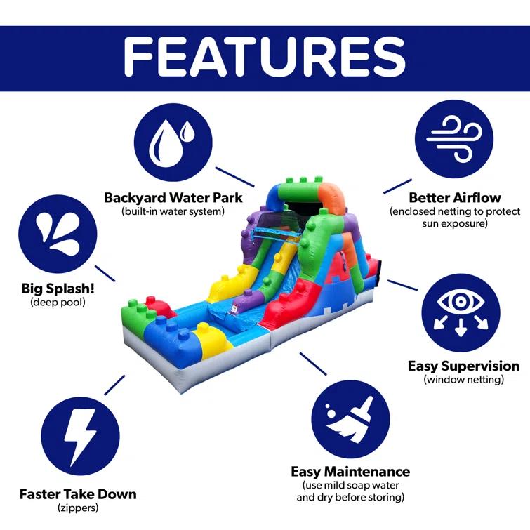 Herokiddo Block Party 12’ Tall Dual Lane Backload Inflatable Water Slide With Attached Pool, For Kids And Adults, Commercial Grade Pvc Vinyl, Outdoor Backyard Fun, Blow Up Water Park, (blower Included)