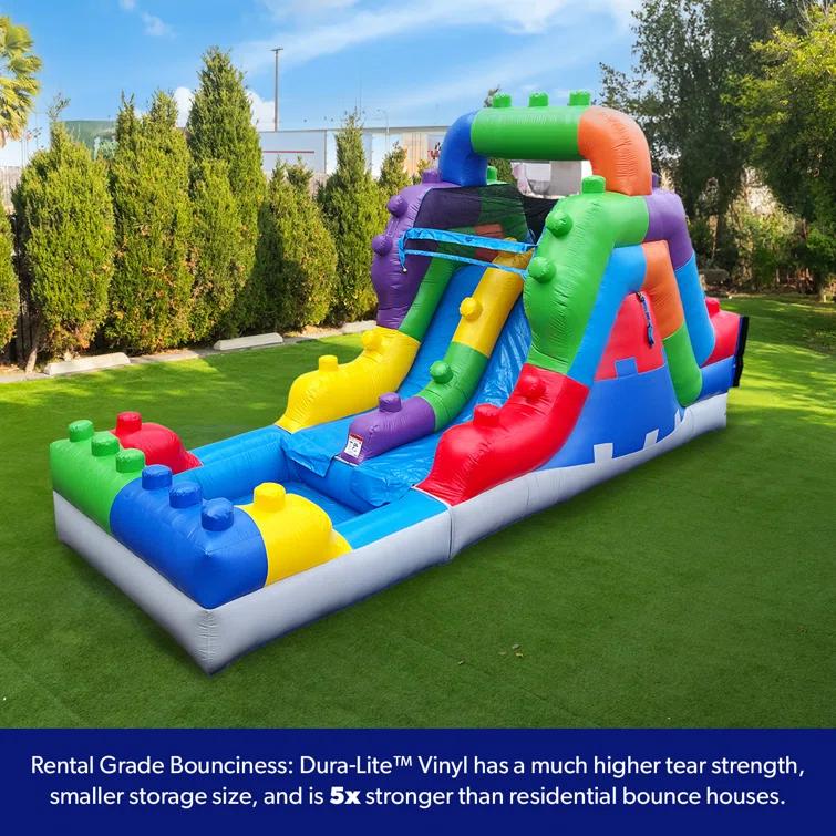 Herokiddo Block Party 12’ Tall Dual Lane Backload Inflatable Water Slide With Attached Pool, For Kids And Adults, Commercial Grade Pvc Vinyl, Outdoor Backyard Fun, Blow Up Water Park, (blower Included)