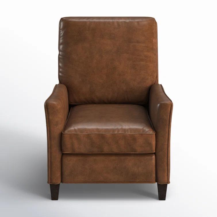 Handcrafted Brown Leather Recliner with Dark Wood Finish