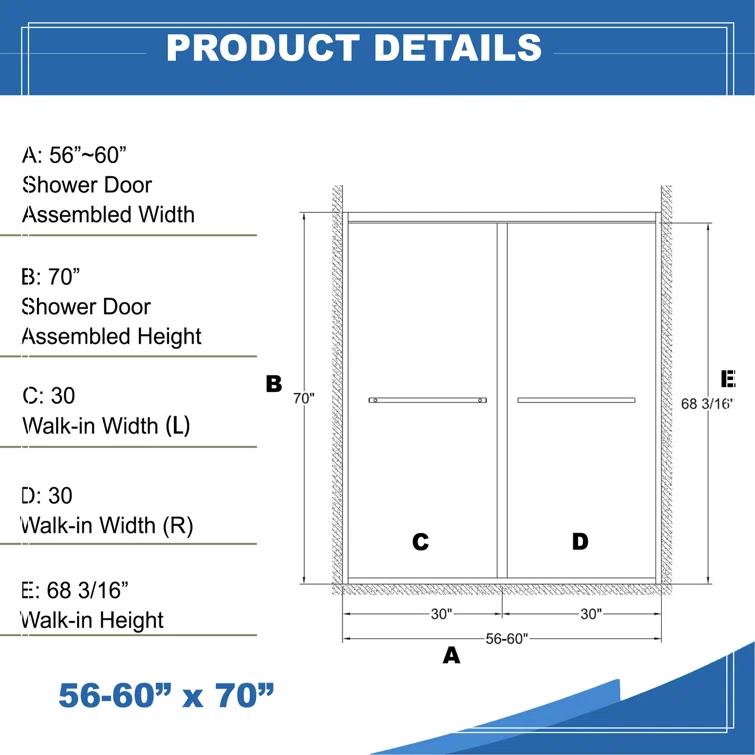 REDmintss 56-60"X70" Aluminum Frame Double Sliding Shower Door,Bypass Bathroom Sliding Door With Premium 5/16" (8Mm) Clear Tempered Glass, Black Hardware Sliding Glass Shower Enclosure,Matte Black Finished AGLBX06590A