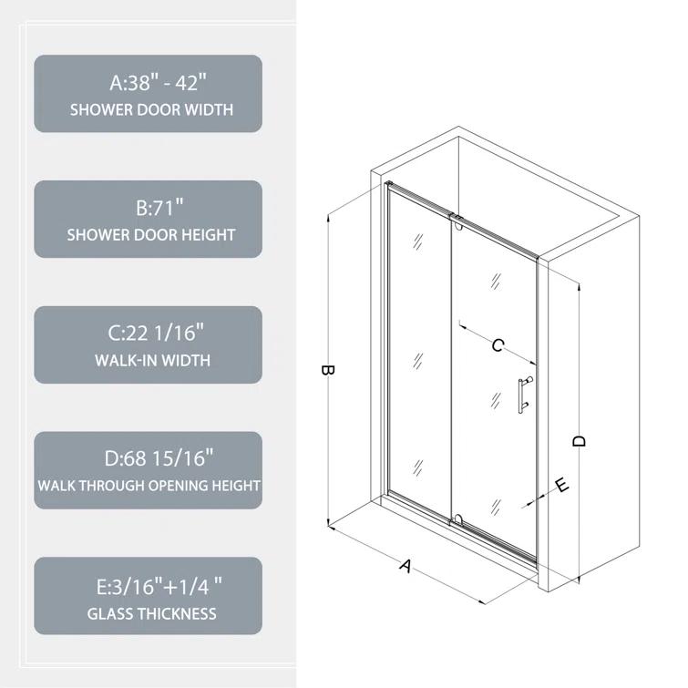 38-42" W x 71" H Flush Glass Shower Door Reversible Installation