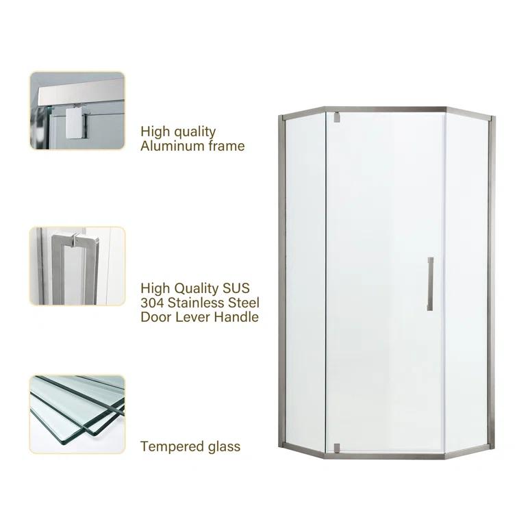Audiohome Shower Door 34-1/8" X 72" Semi-Frameless Neo-Angle Hinged Shower Enclosure AHYTD-W124366340