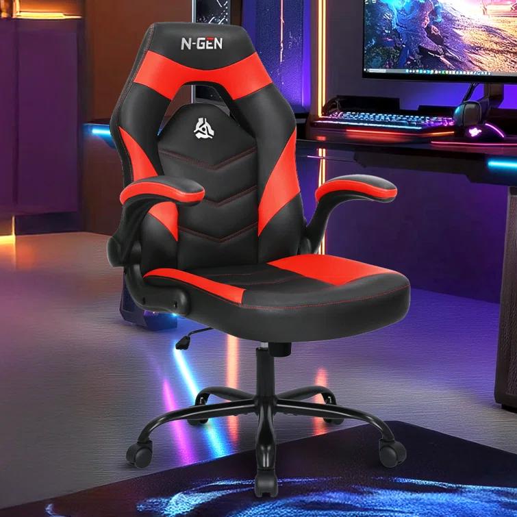 N-GEN Adjustable Ergonomic Faux Leather Swiveling PC & Racing Game Office Desk Chair with Flip-Up Arms