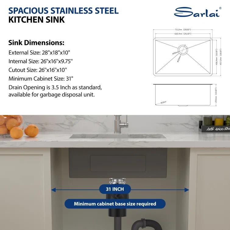 Sarlai 28'' L x 18" W Undermount Single Bowl Stainless Steel Kitchen Sink with Sink Grid and Basket Strainer SU2818R