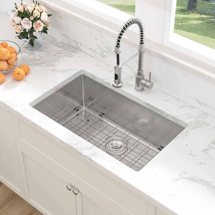 Sarlai 28'' L x 18" W Undermount Single Bowl Stainless Steel Kitchen Sink with Sink Grid and Basket Strainer SU2818R