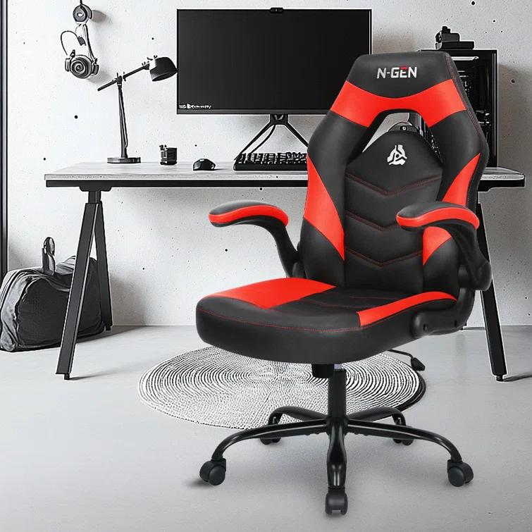 N-GEN Adjustable Ergonomic Faux Leather Swiveling PC & Racing Game Office Desk Chair with Flip-Up Arms