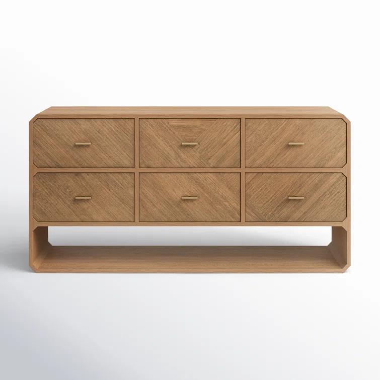 Modern Natural Ash Veneer 6-Drawer Dresser with Satin Brass Hardware