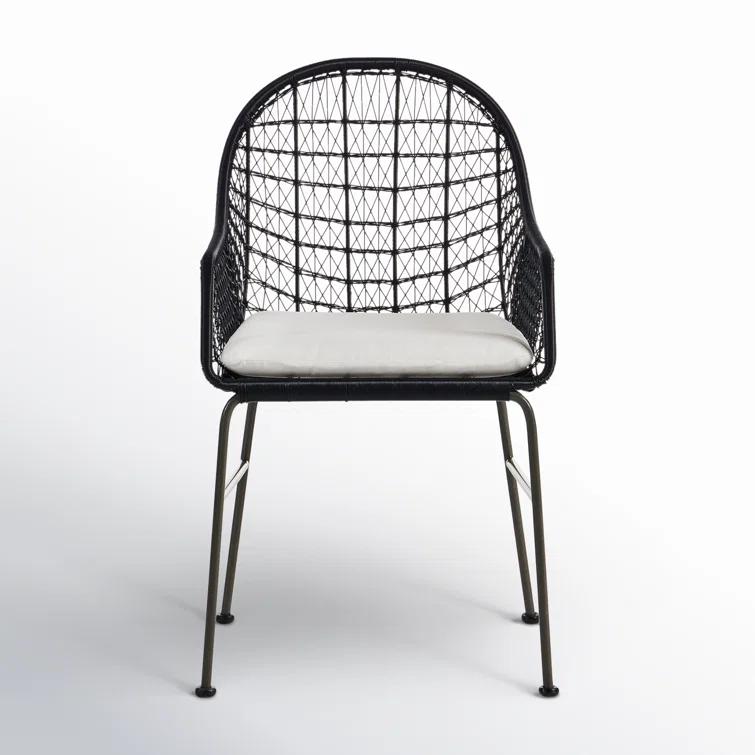 Smoke Black and White Woven Iron Outdoor Dining Chair with Cushions