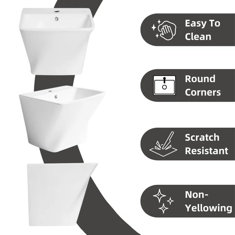 Los Flexi Wall Mount Sink with Overflow, Modern Floating Bathroom Vessel Sink, Single Faucet Hole, Pop-up Drain Included