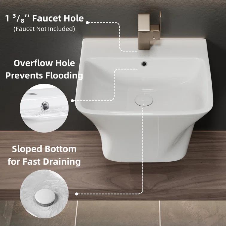 Los Flexi Wall Mount Sink with Overflow, Modern Floating Bathroom Vessel Sink, Single Faucet Hole, Pop-up Drain Included
